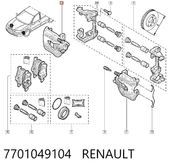 Zacisk hamulcowy przedni prawy 7701049104 Renault (RVI)