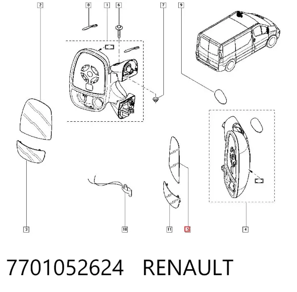Wkład lusterka wstecznego prawego 7701052624 Renault (RVI)