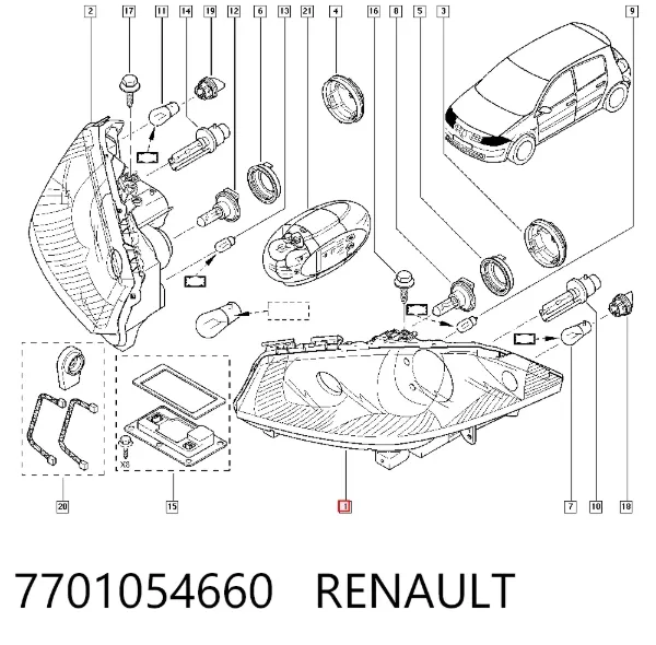 Reflektor lewy 7701054660 Renault (RVI)