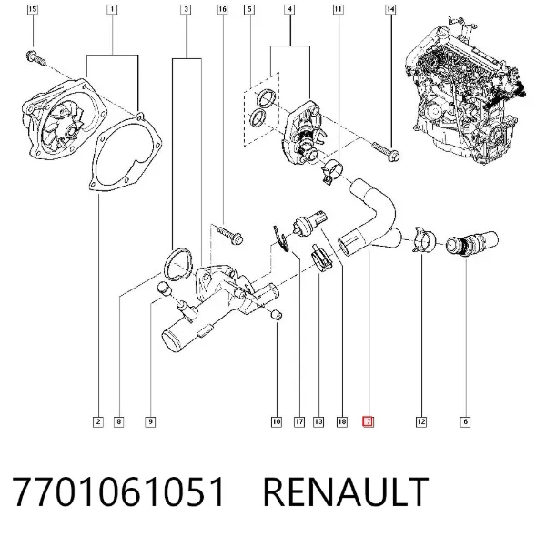 Przewód (króciec) termostatu 7701061051 Renault (RVI)
