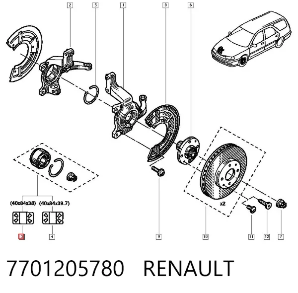 Łożysko piasty przedniej 7701205780 Renault (RVI)