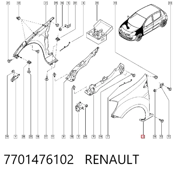 Błotnik przedni lewy 7701476102 Renault (RVI)