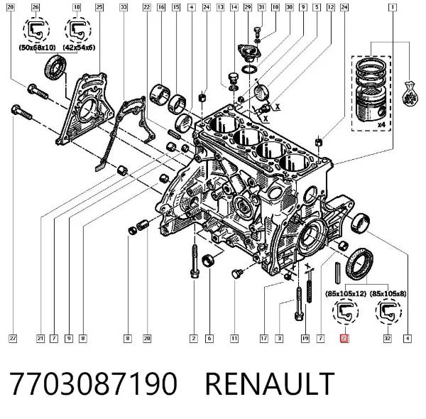 Uszczelniacz wału korbowego silnika tylny 7703087190 Renault (RVI)