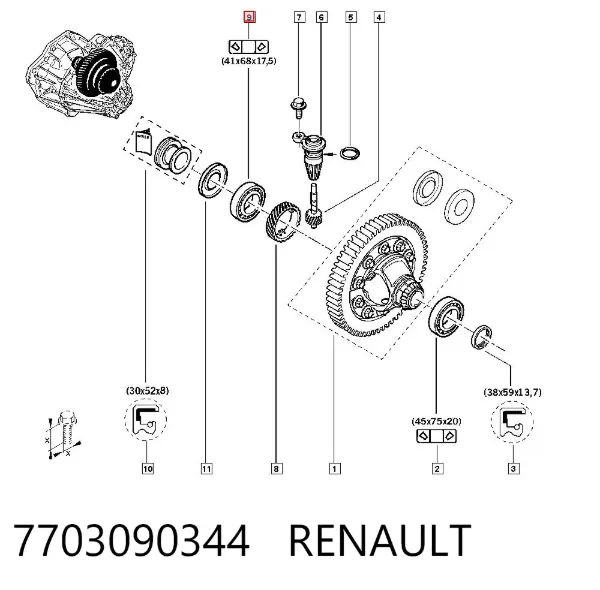 Łożysko dyferencjału mostu przedniego 7703090344 Renault (RVI)