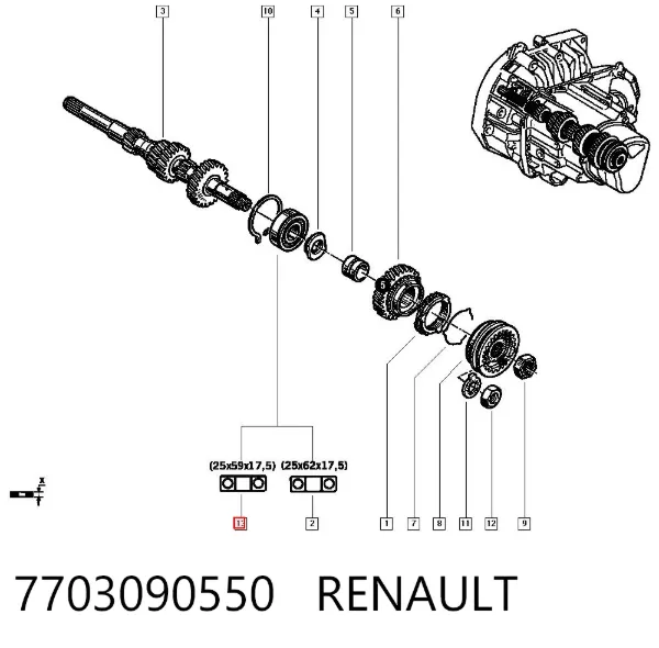Łożysko wału sprzęgłowego skrzyni biegów 7703090550 Renault (RVI)