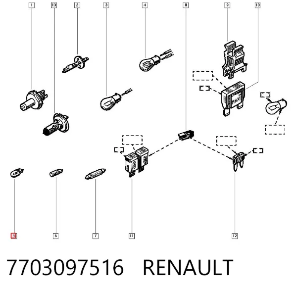 Żarówka oświetlenia wnętrza/kabiny 7703097516 Renault (RVI)