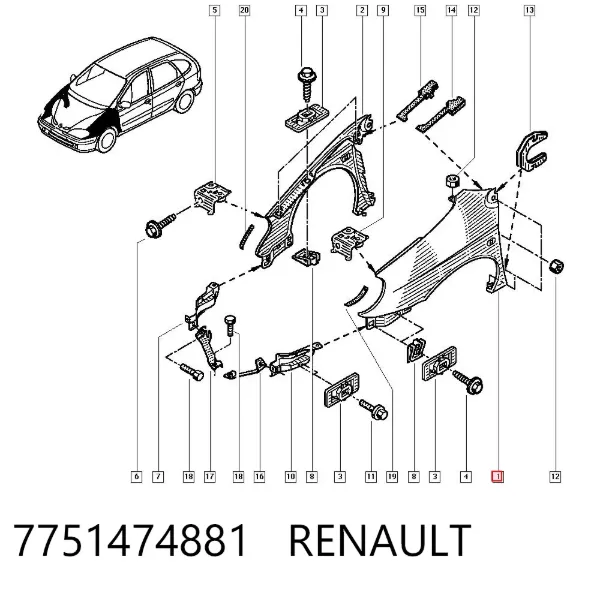 Błotnik przedni lewy 7751474881 Renault (RVI)