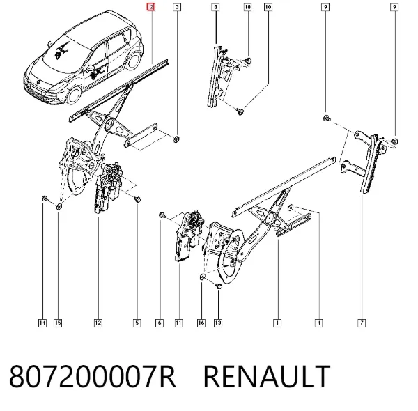 Mechanizm podnoszenia szyby drzwi przednich prawych 807200007R Renault (RVI)