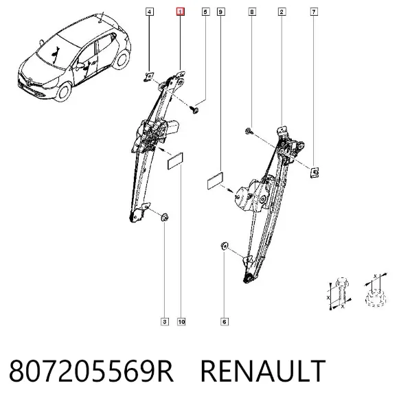 Mechanizm podnoszenia szyby drzwi przednich prawych 807205569R Renault (RVI)
