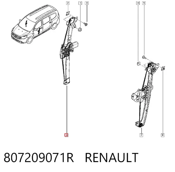 Mechanizm podnoszenia szyby drzwi przednich prawych 807209071R Renault (RVI)