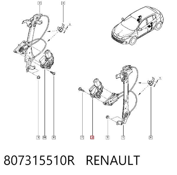 Silniczek podnośnika szyby drzwi tylnych lewych 807315510R Renault (RVI)