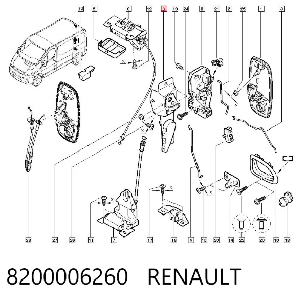 Klamka drzwi tylnych (skrzydłowych) prawa wewnętrzna 8200006260 Renault (RVI)