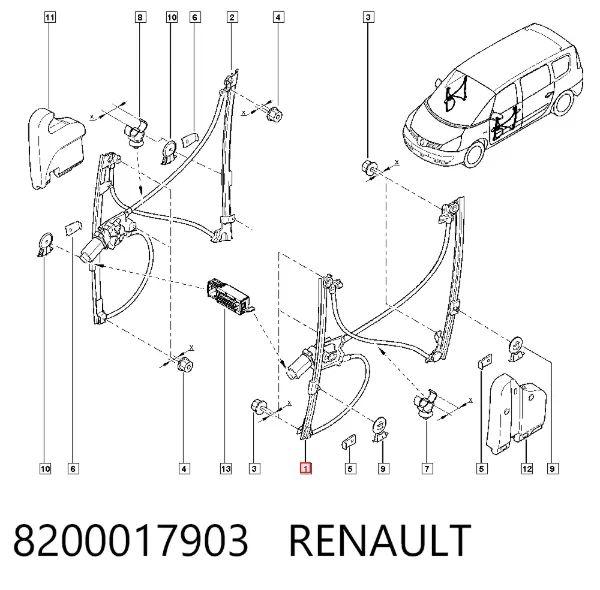 Mechanizm podnoszenia szyby drzwi przednich lewych 8200017903 Renault (RVI)