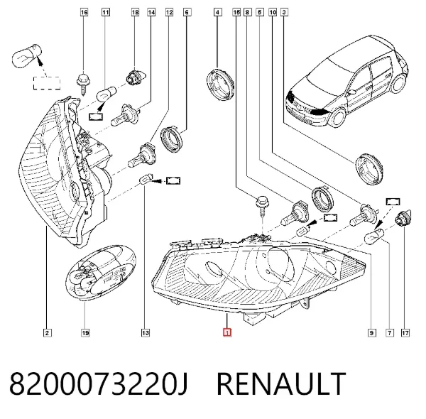 Reflektor lewy 8200073220J Renault (RVI)