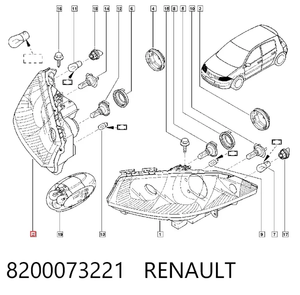 Reflektor prawy 8200073221 Renault (RVI)