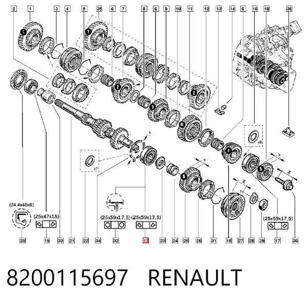 Łożysko wału głównego skrzyni biegów 8200115697 Renault (RVI)