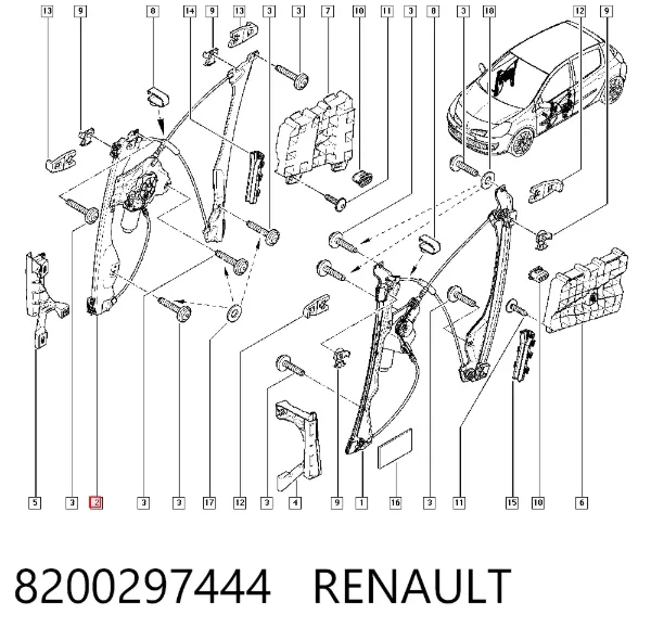 Mechanizm podnoszenia szyby drzwi przednich prawych 8200297444 Renault (RVI)