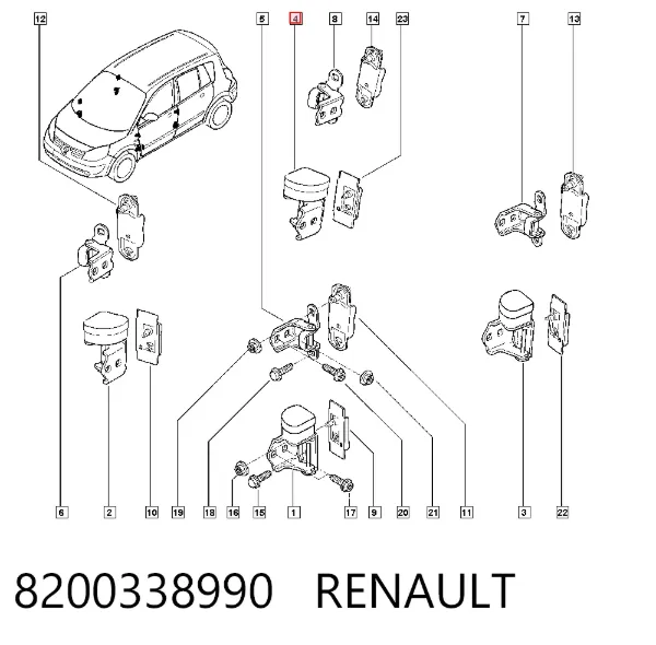Zawias drzwi tylnych prawych 8200338990 Renault (RVI)