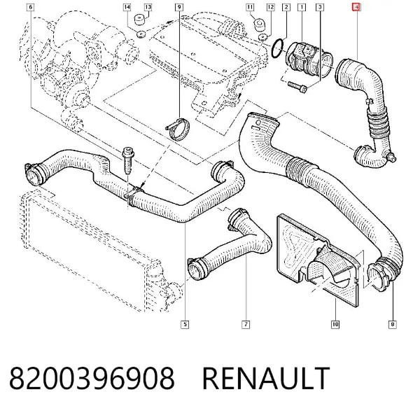 Króciec powietrza, wlot do turbiny (doładowanie) 8200396908 Renault (RVI)