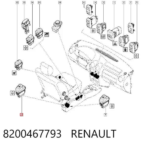 Włącznik przyciskowy podnośnika szyby tylny 8200467793 Renault (RVI)
