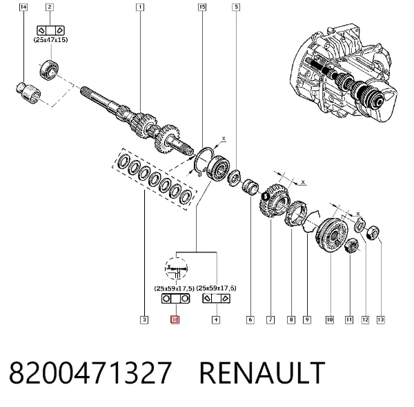 Łożysko wału sprzęgłowego skrzyni biegów 8200471327 Renault (RVI)