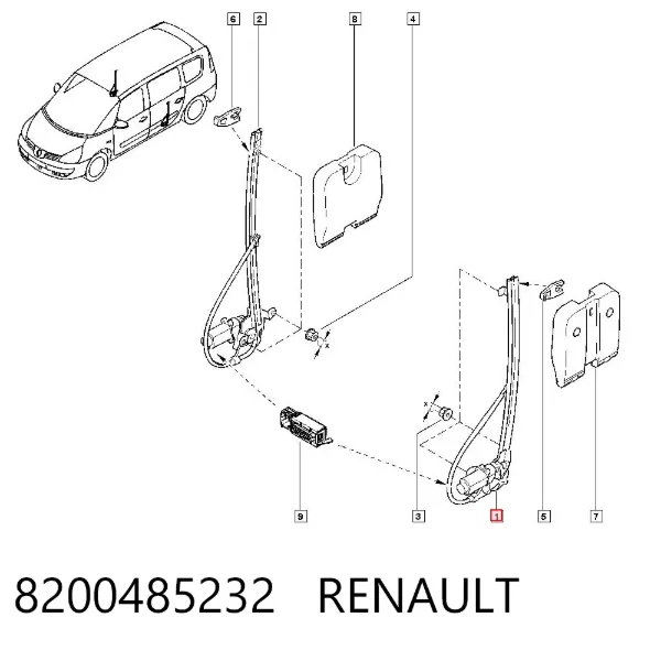 Mechanizm podnoszenia szyby drzwi tylnych lewych 8200485232 Renault (RVI)
