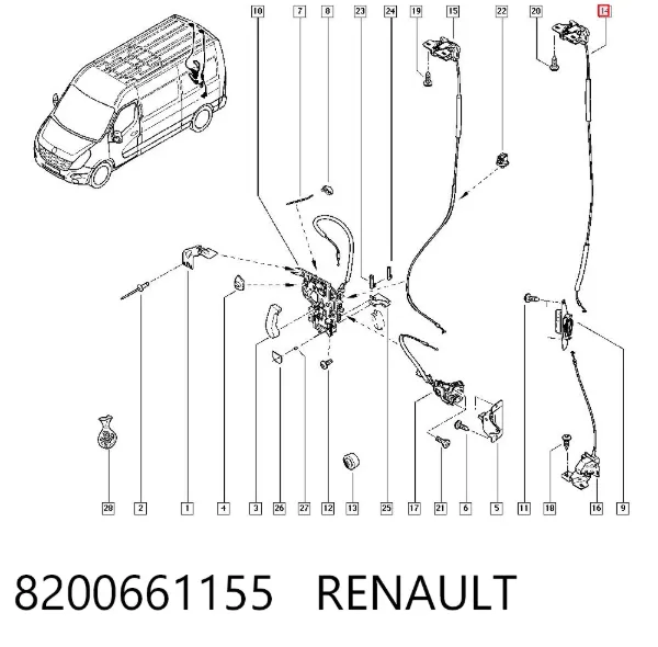 Zamek drzwi tylnych lewych skrzydłowych górny 8200661155 Renault (RVI)
