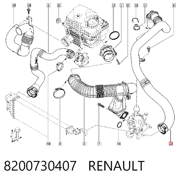 Przewód (króciec) intercoolera 8200730407 Renault (RVI)
