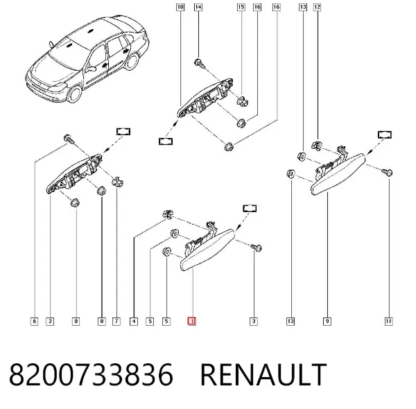 Klamka drzwi lewych zewnętrzna przednia/tylna 8200733836 Renault (RVI)