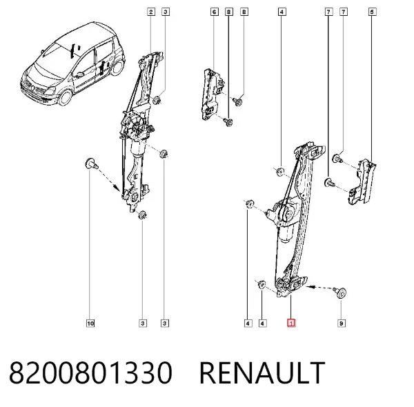 Mechanizm podnoszenia szyby drzwi tylnych lewych 8200801330 Renault (RVI)