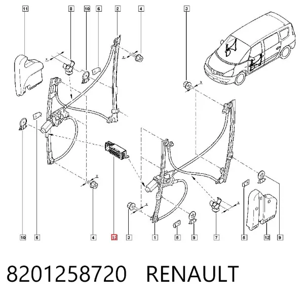 Mechanizm podnoszenia szyby drzwi przednich lewych 8201258720 Renault (RVI)