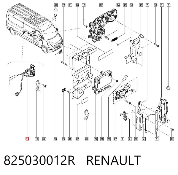 Zamek drzwi bocznych przesuwnych lewych 825030012R Renault (RVI)