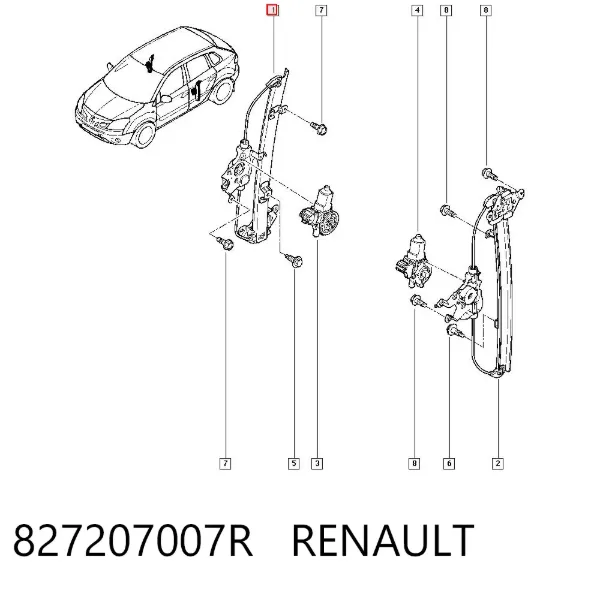 Mechanizm podnoszenia szyby drzwi tylnych prawych 827207007R Renault (RVI)