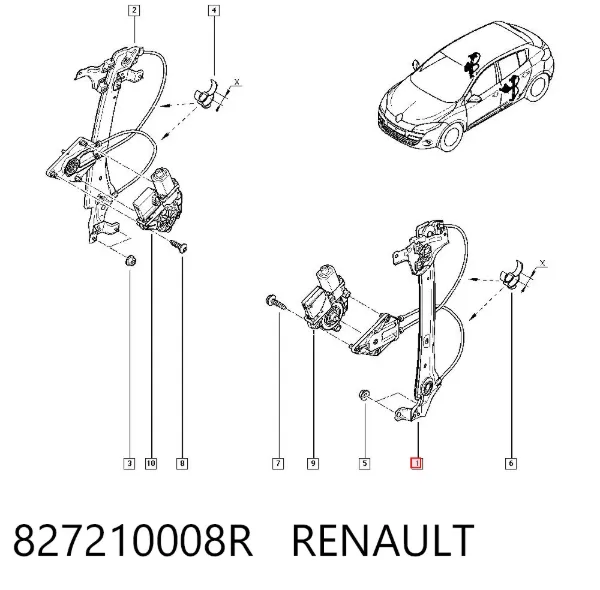 Mechanizm podnoszenia szyby drzwi tylnych lewych 827210008R Renault (RVI)
