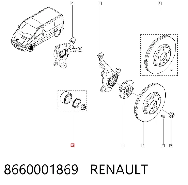 Łożysko piasty przedniej 8660001869 Renault (RVI)