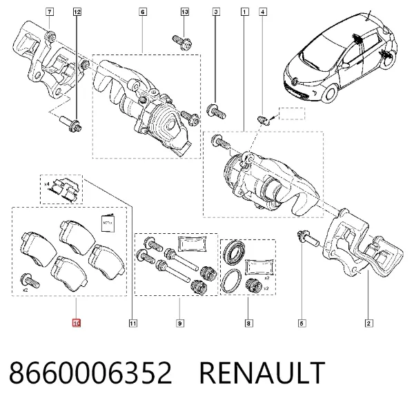 Okładziny (klocki) do hamulców tarczowych tylne 8660006352 Renault (RVI)