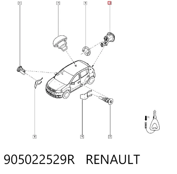 Wkładka zamka klapy bagażnika (3/5 drzwi tylnych) 905022529R Renault (RVI)