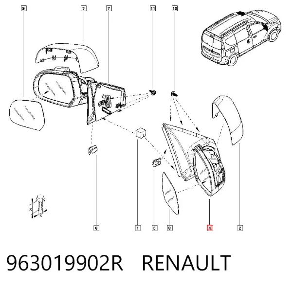 Lusterko wsteczne prawe 963019902R Renault (RVI)
