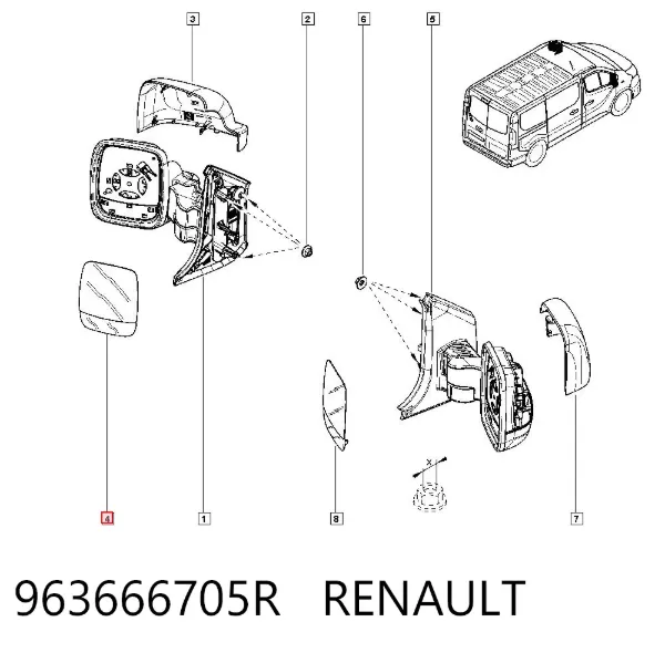 Wkład lusterka wstecznego lewego 963666705R Renault (RVI)