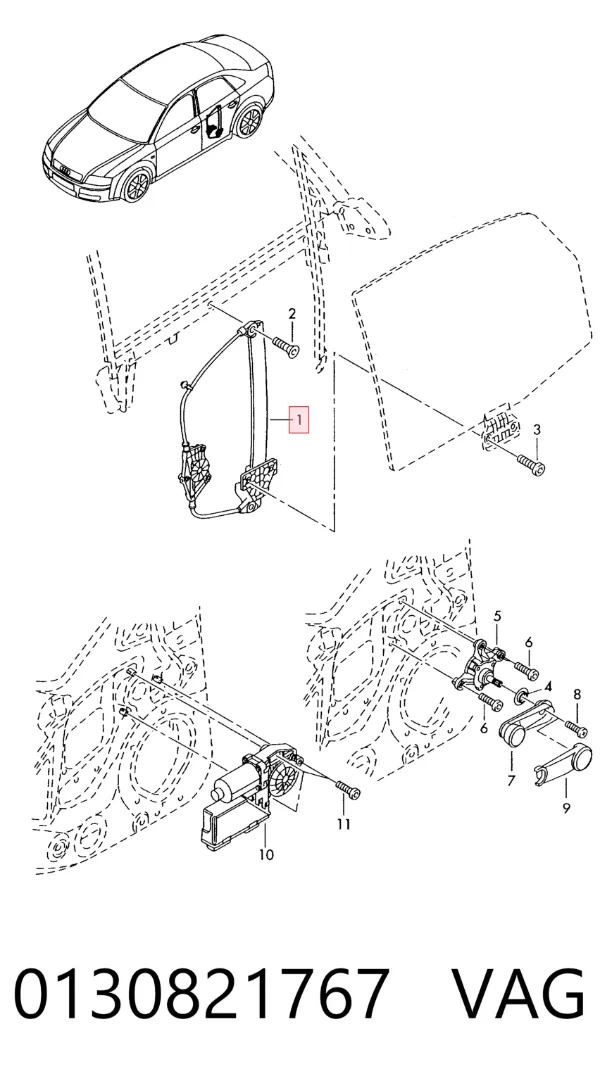 Mechanizm podnoszenia szyby drzwi tylnych lewych 0130821767 VAG