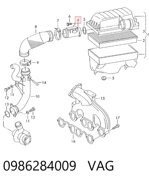 Czujnik przepływu powietrza, przepływomierz powietrza M.A.F. 0986284009 VAG