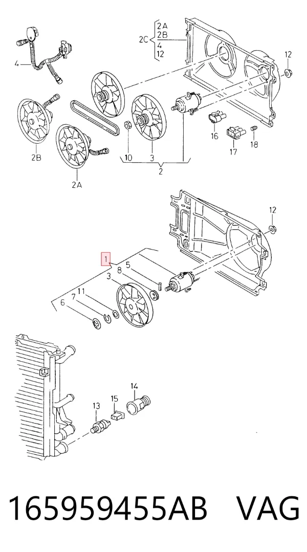 Wentylator elektryczny układu chłodzenia kompletny (silnik+wirnik) 165959455AB VAG