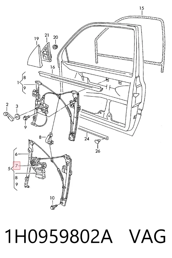 Mechanizm podnoszenia szyby drzwi przednich prawych 1H0959802A VAG