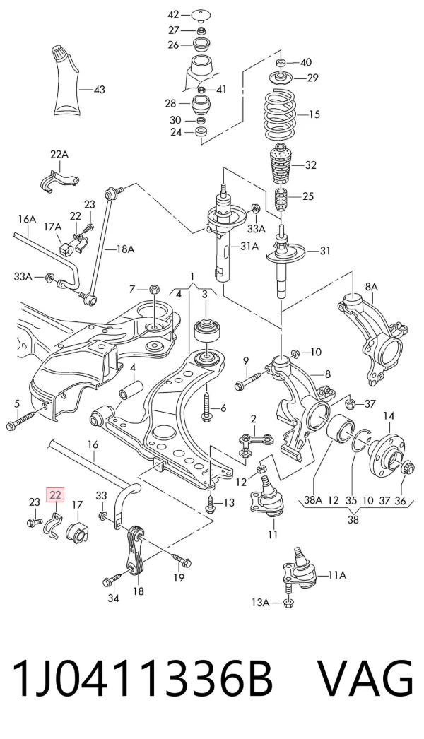 Uchwyt do mocowania tulei stabilizatora przedniego 1J0411336B VAG