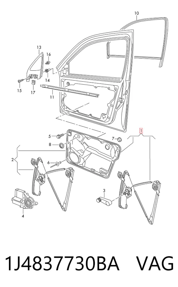 Mechanizm podnoszenia szyby drzwi przednich prawych 1J4837730BA VAG