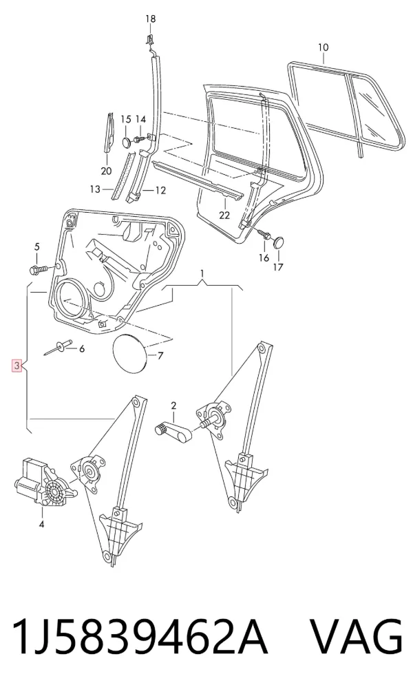 Mechanizm podnoszenia szyby drzwi tylnych prawych 1J5839462A VAG