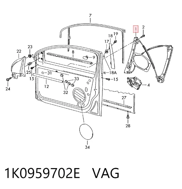 Mechanizm podnoszenia szyby drzwi przednich prawych 1K0959702E VAG