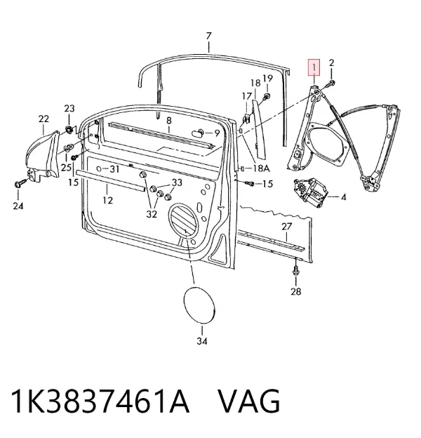 Mechanizm podnoszenia szyby drzwi przednich lewych 1K3837461A VAG