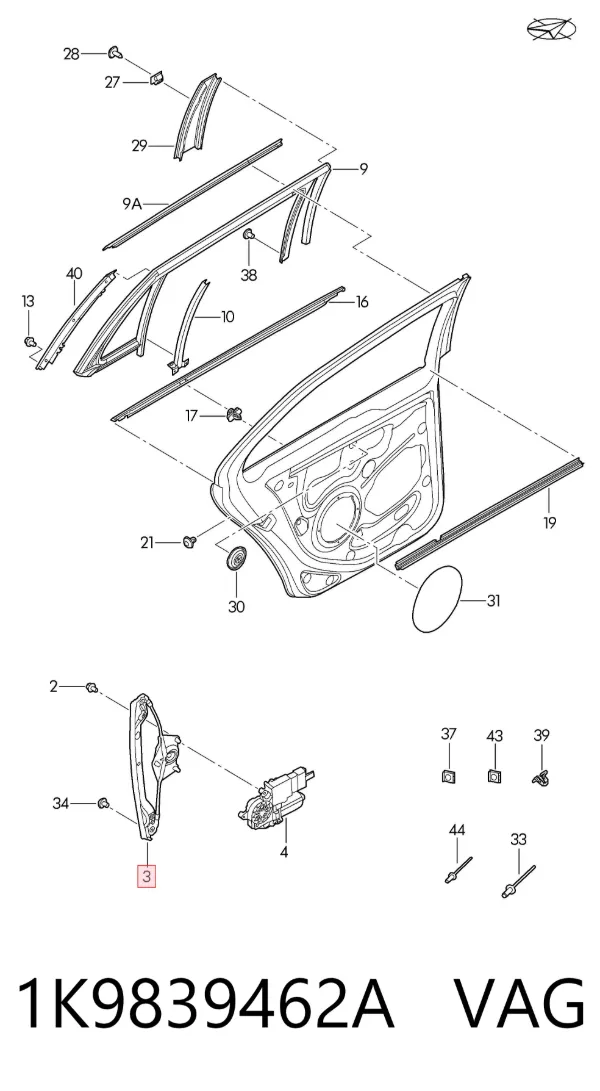Mechanizm podnoszenia szyby drzwi tylnych prawych 1K9839462A VAG