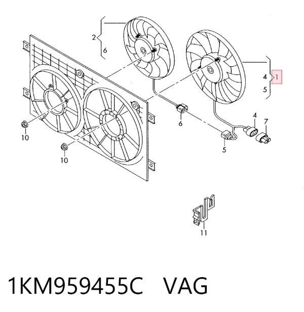 Wentylator elektryczny układu chłodzenia, kompletny (silnik+wirnik) lewy 1KM959455C VAG